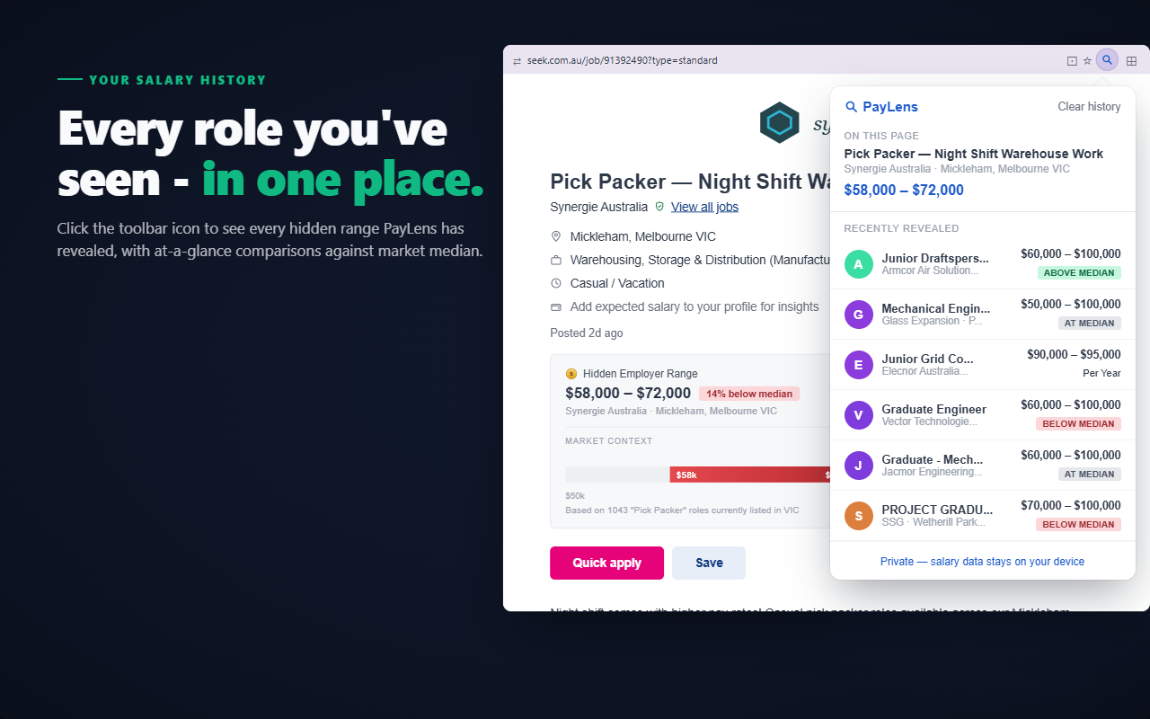 Pay Lens popup showing your private job history